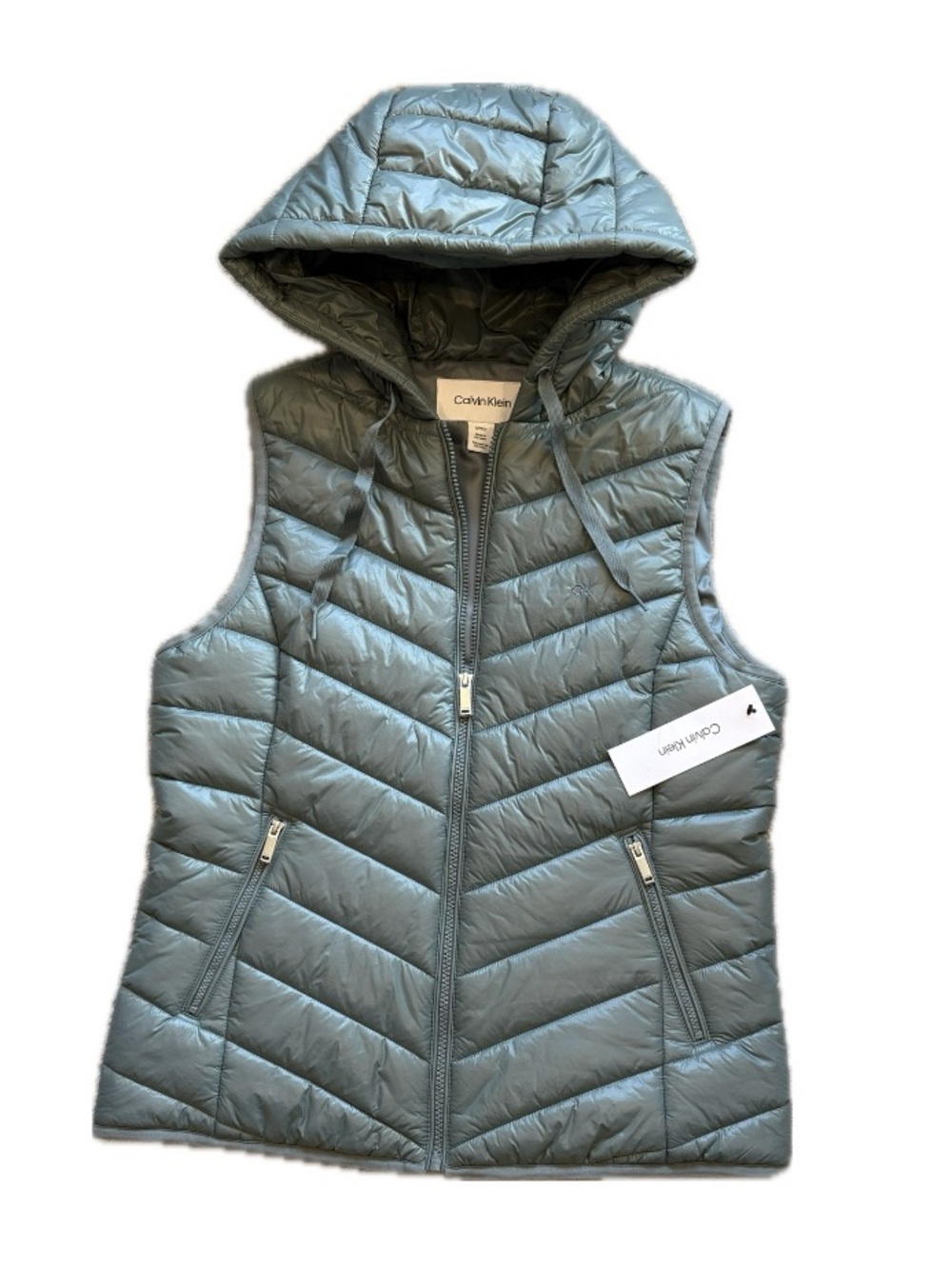NWT Calvin Klein Autumn Green Chevron Quilted Hooded Puffer Vest Small